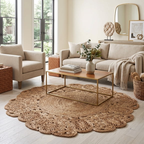 Harlow Hill Cora 4' Round Tan/Brown Geometric Hand Braided Reversible Jute Indoor Area Rug