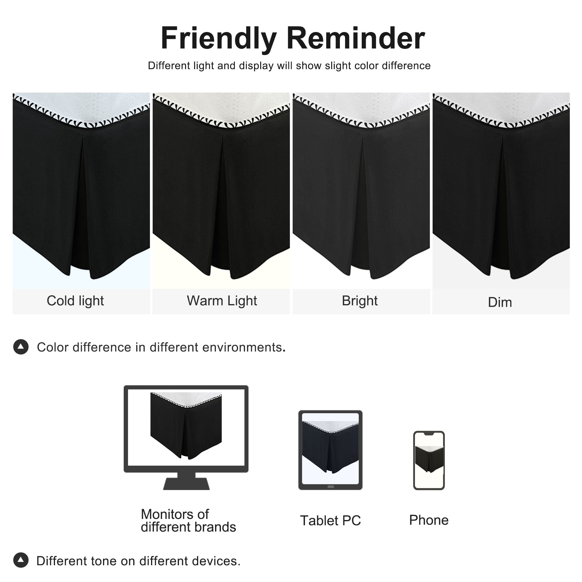 PiccoCasa Pleated Bed Skirt Classic Tailored Styling Dust Ruffled 14" Drop, Queen Black