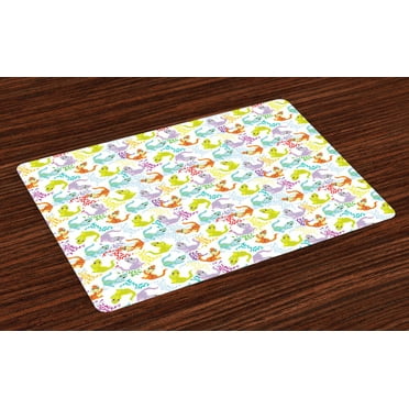 Ambesonne Dragon Place Mats Set of 4, Friendly Cartoon Dragons, Standard Size, Multicolor