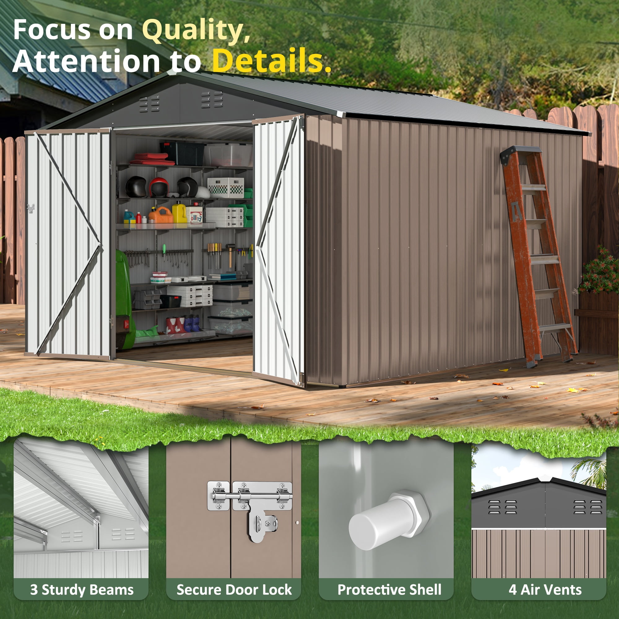 NETAJE 10'x10' Outdoor Metal Storage Shed with Updated Frame Structure and Lockable Doors for Backyard, Garden, Patio, Lawn, Brown