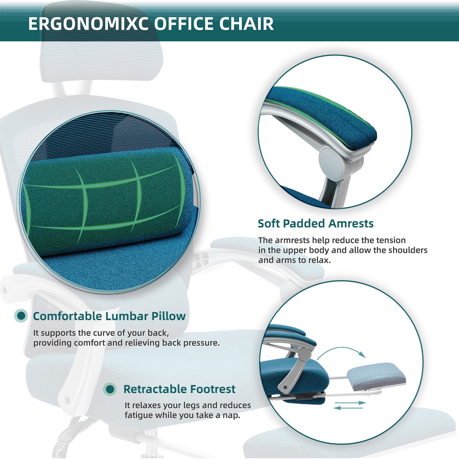 Retractable Footrest Ergonomic Swivel Office Chair with Lumbar Support Pillow and Padded Armrests