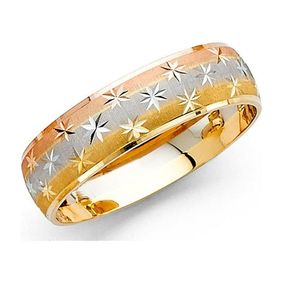 Solid 14k Yellow White Rose Gold Ring Wedding Band Dome Diamond Cut Star Stylish Tri Color 6 mm, Size 8
