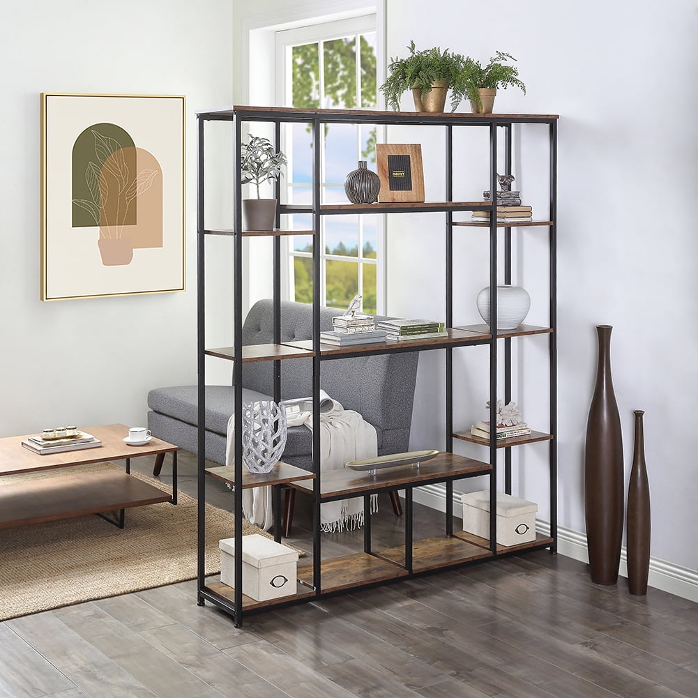 Resenkos 5 Tier Tall Industrial Bookcase Wood Metal Frame Standing Book Shelf, Display Bookshelves Storage Organizer, Tiger