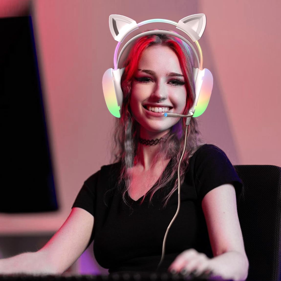 ONIKUMA RGB Cat Ear Gaming Headset with Mic, Wired Gaming Headphones for PC, Switch & Laptop with Surround Sound