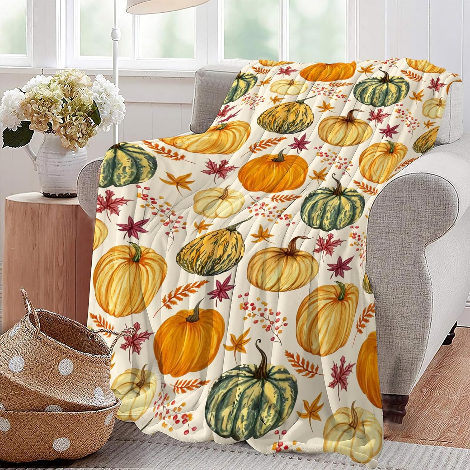 Fall Blanket Ultra Soft Cozy Autumn Pumpkin Maple Leaf Throw Blanket Fleece Fuzzy Plush Bedding Harvest Pumpkin Blanket Thanksgiving Gifts for Bed Kids Adults 50"x40"