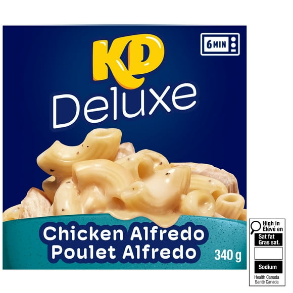 KD Deluxe Chicken Alfredo Macaroni and Cheese Frozen Dinner, 340 g Box, Kraft Dinner Deluxe Chicken Alfredo 340G