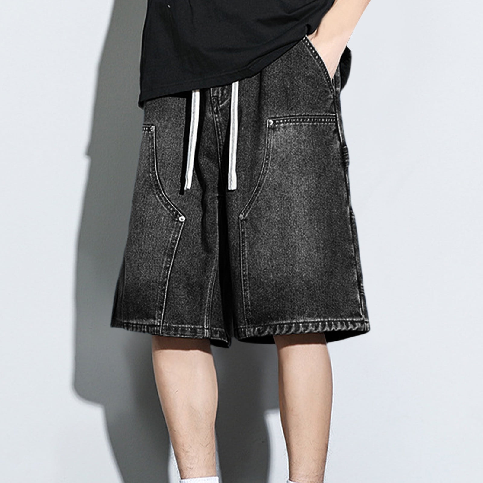 HOOMEUMY Men's Shorts Classic Fashion Comfy Solid Color Beach Shorts Summer Leisure Outdoor Elastic Waist Drawstring Wide Leg Denim Shorts (Gray,XL)