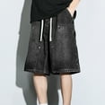 thumbnail image 2 of hotojiny Baggy Jean Shorts Mens Drawstring Washed Denim Shorts Loose Fit Wide Leg Knee Length Denim Shorts Streetwear, 2 of 7