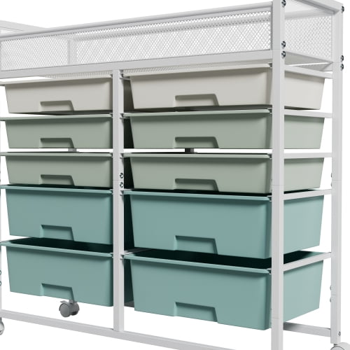 Large Capacity 2-Row 10-Drawer Rolling Storage Cart, Metal Mesh Top Utility Organizer with Wheels, Multi-Layer Plastic Drawers for Kitchen, Bathroom, Bedroom, Office, White