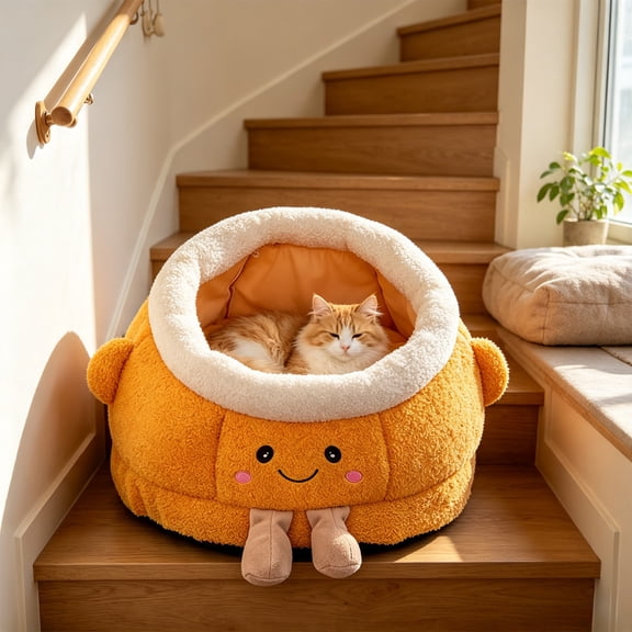 Warm Cozy Semi Enclosed Pet Bed Soft Plush All Season Sleeping House Washable Cushion for Cats Small Dogs Indoor Rest Privacy Lounge Crate Sofa(M)