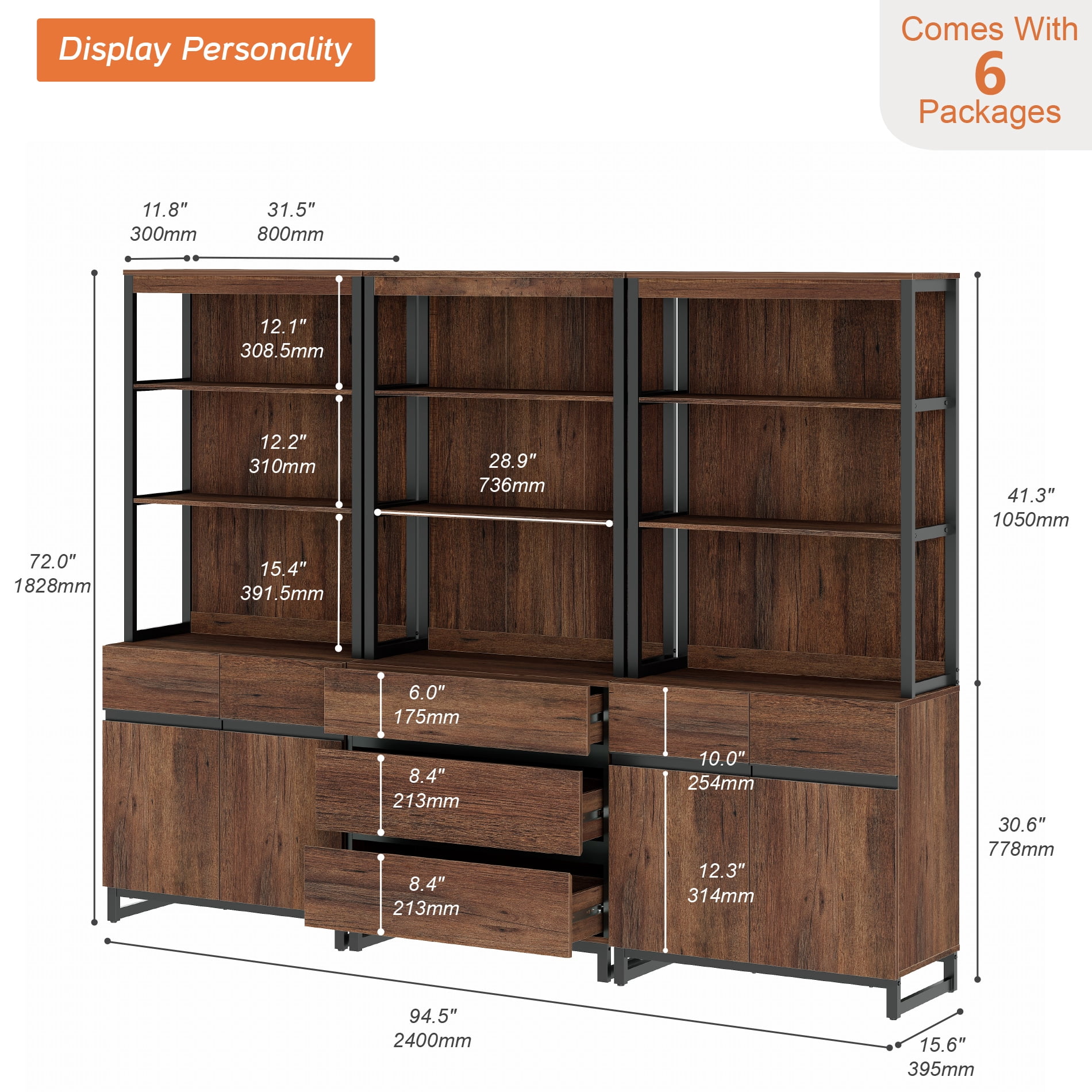 WAMPAT 3-Piece Modern 72" Tall Library Bookcase with 3 Drawers & Open Shelving,Freestanding Wood Bookshelf with Storage Cabinet & Adjustable Shelves for Home Office & Living Room, Brown