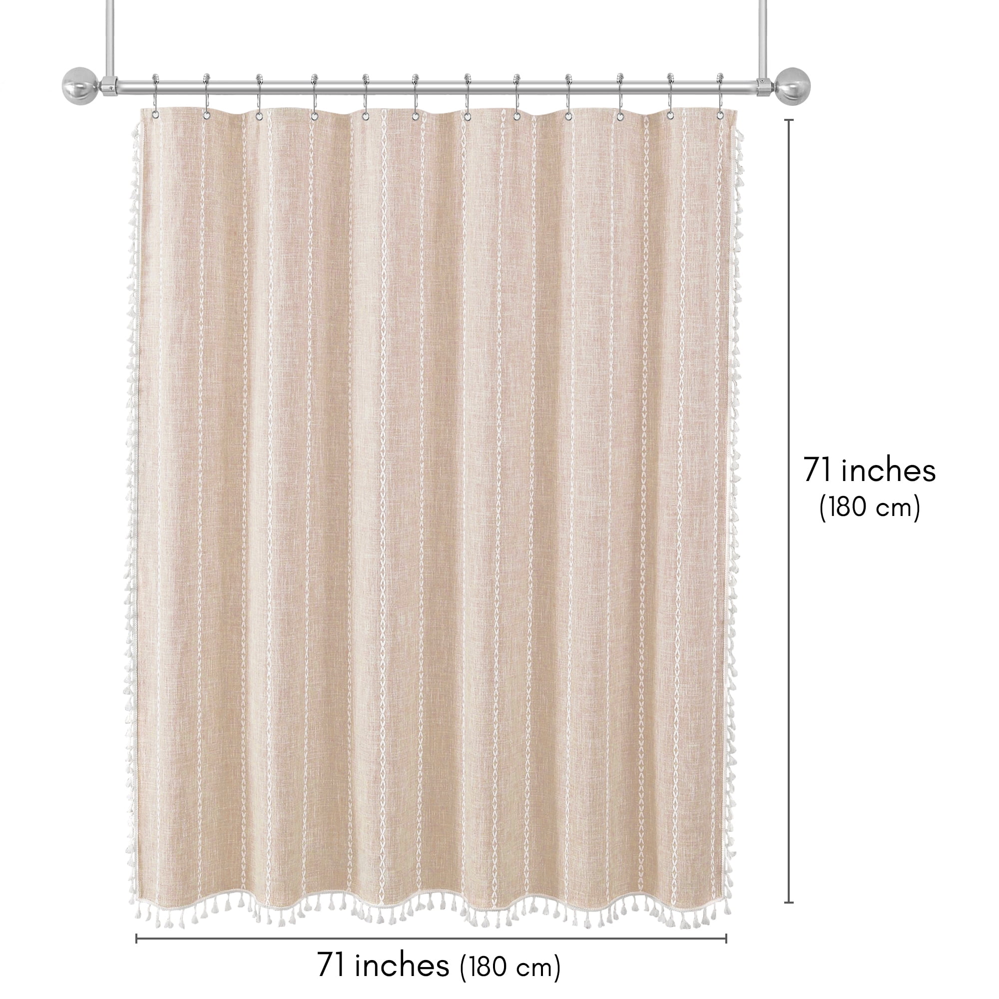 Americanflat 71x71 Woven Linen Pink Shower Curtain with Tassel Accents - Includes 12 Grommets and Hooks - 100% Polyester