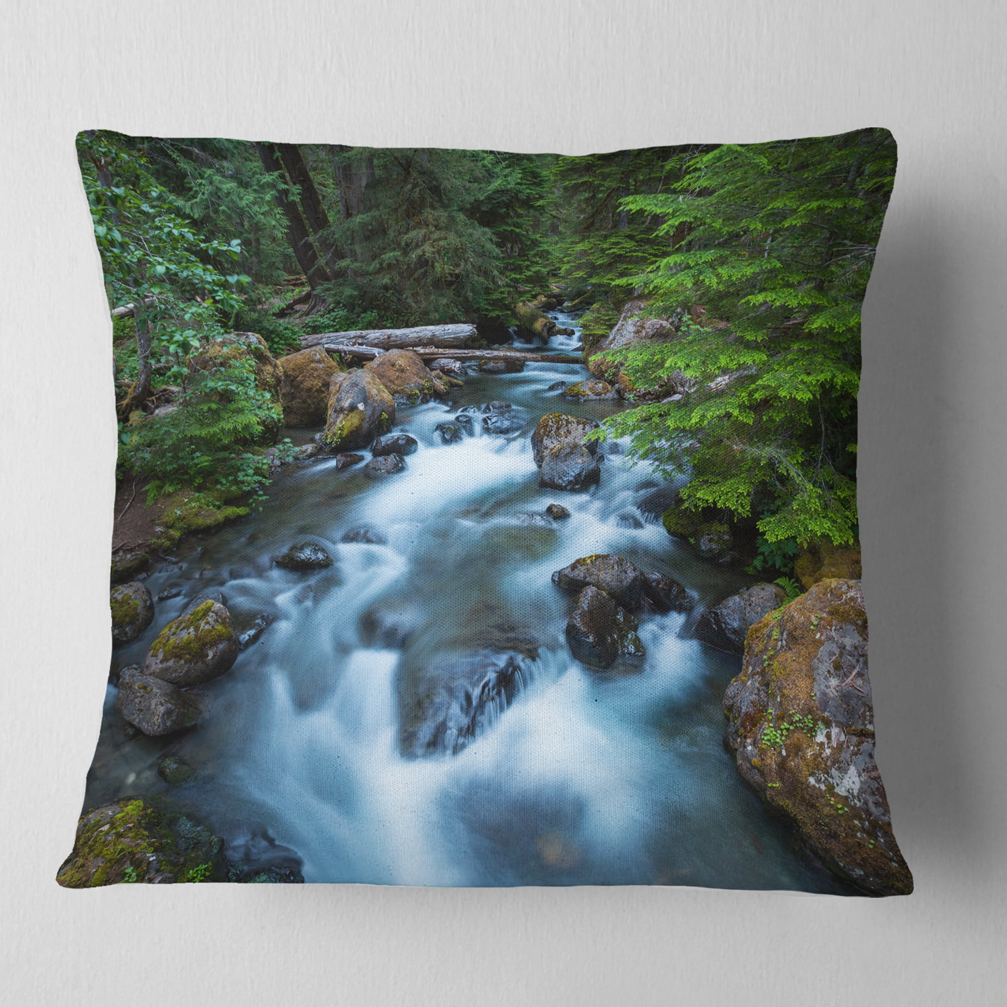 Designart Rushing Water in Forest Creek - Landscape Printed Throw Pillow - 18x18