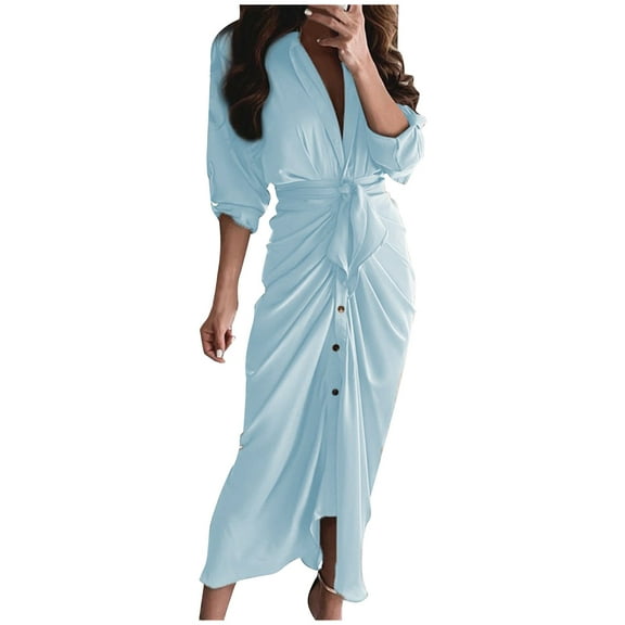 AOOCHASLIY Summer Womens Dresses Fashion Women's Sexy Summer Casual Full Sleeve Solid Button Fork Opening Dress