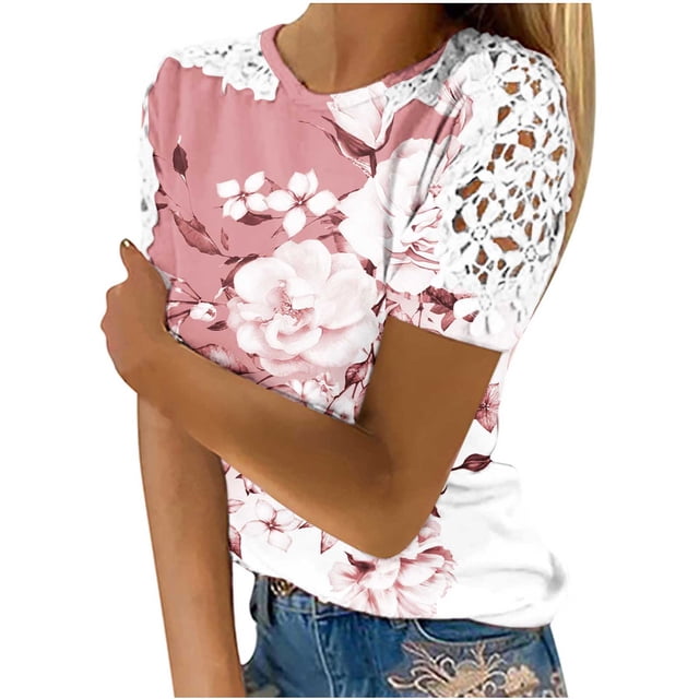 Camisas de Manga Corta para las Mujeres Impresión Cuello Redondo Suéter Encaje Camisa, Blusa de Verano Casual para las Mujeres