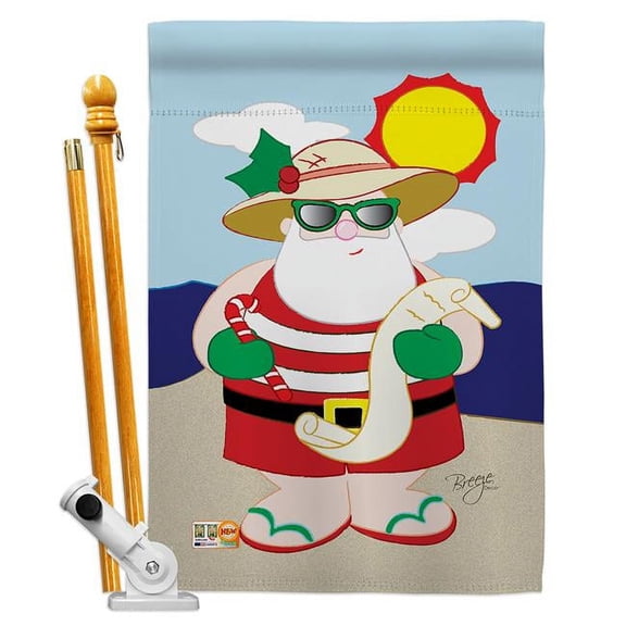 Breeze Decor BD-XM-HS-114062-IP-BO-D-US05-BD 28 x 40 in. Tropical Santa Winter Christmas Impressions Decorative Vertical Double Sided House Flag Set with Pole Bracket & Hardware
