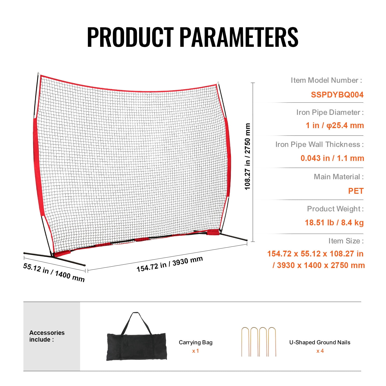 KFFKFF Barricade Backstop Net,12x9ft Portable Barricade Tailgate Net Sports Ball Obstacle Softball Practice Net w/ Carry Bag for Baseball Softball Lacrosse Soccer Hockey Training