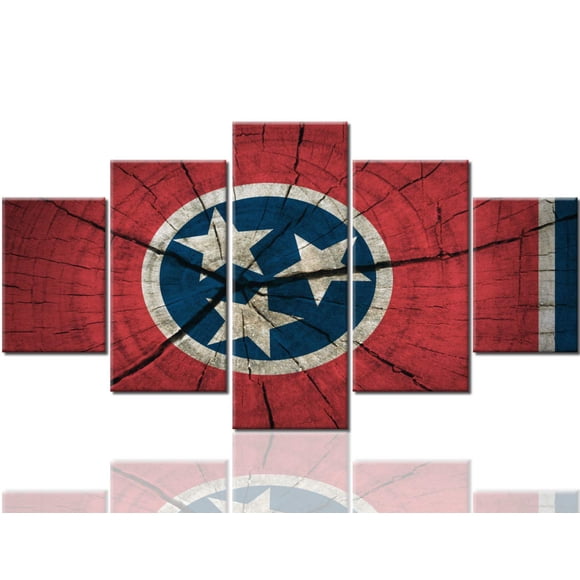 Art Work for Home Walls Tennessee State Flag Painted on Old Wood Plank Paintings Textured Red Pictures for Living Room House Decor 5 Panel Canvas Wall Art Giclee Framed Ready to Hang(60''Wx32''H)