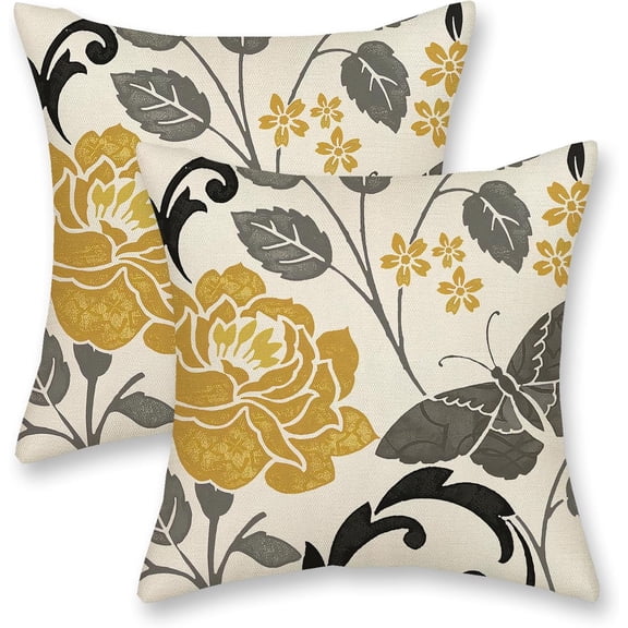Spring Pillow Covers 18x18 Inch 2 Pcs Mustard Yellow Vintage Floral Decor Throw Pillows Grey Butterfly Flower Leaves Seasonal Outdoor Decoration Pillowcase Linen Cushion Cover for Couch Sofa