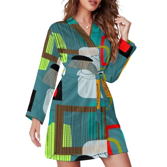 Mid-Century Print Pajama Robe V Neck Abstract Turquoise Retro Sleepwear Lady Long Sleeve Soft Pajamas Robes Spring Room Dresses