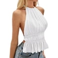 thumbnail image 3 of Open Back Halter Tops for Women Backless Ruched Ruffle Crop Tops Smocked Y2K Going Out Camisoles White M, 3 of 9