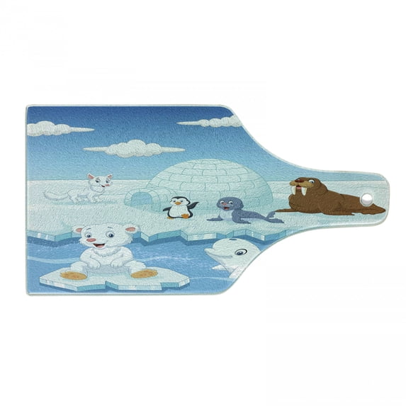 Animal Cutting Board, Image of Arctics Animals Polar Bears Seal Penguins Wolfs Whales Work of Art, Tempered Glass Cutting and Serving Board, Wine Bottle Shape, Sky Blue and White, by Ambesonne