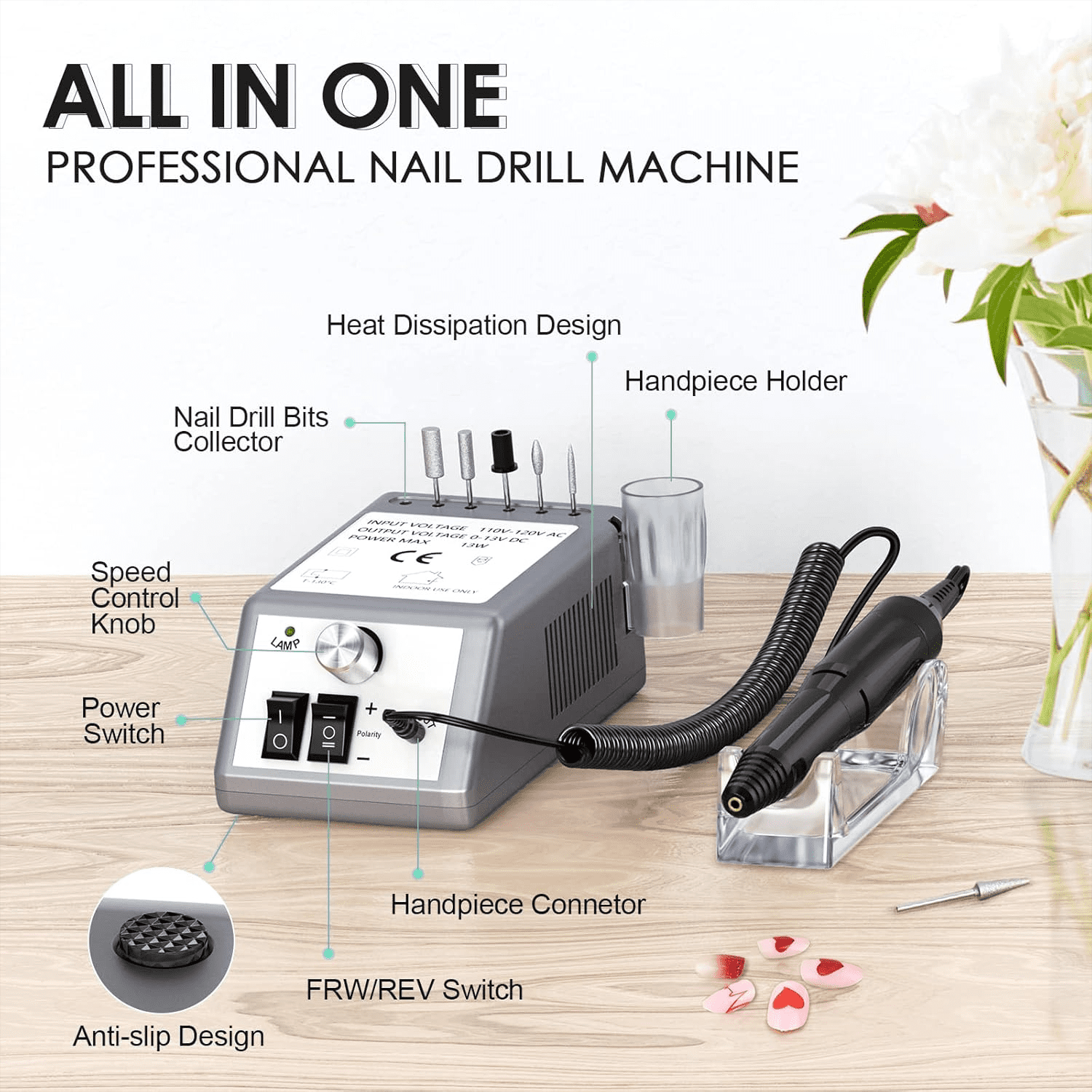 Professional Electric Nail Drill Kit 20000 RPM w/ 6 Bits & F/R Switch for Gel/Ac,grey