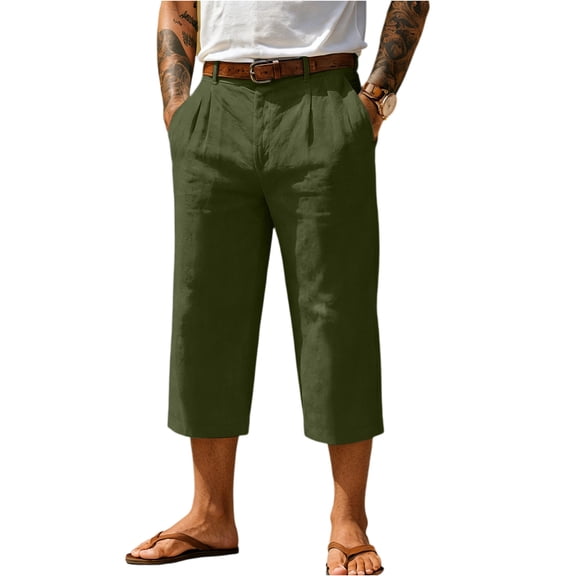 LWavelet Men's Linen Blend Capri Pants Button Waist with Belt Loops for Casual Daily Vacation Wear Army Green 3XL