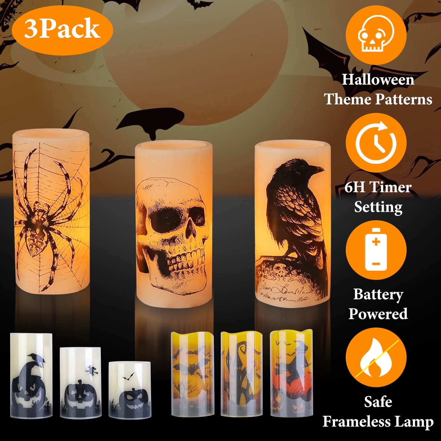 Moclever 3Pack Halloween Flameless Candles with Timer, Battery Operated LED Candle Lights, Spider Crow Skull Design for Party Decoration