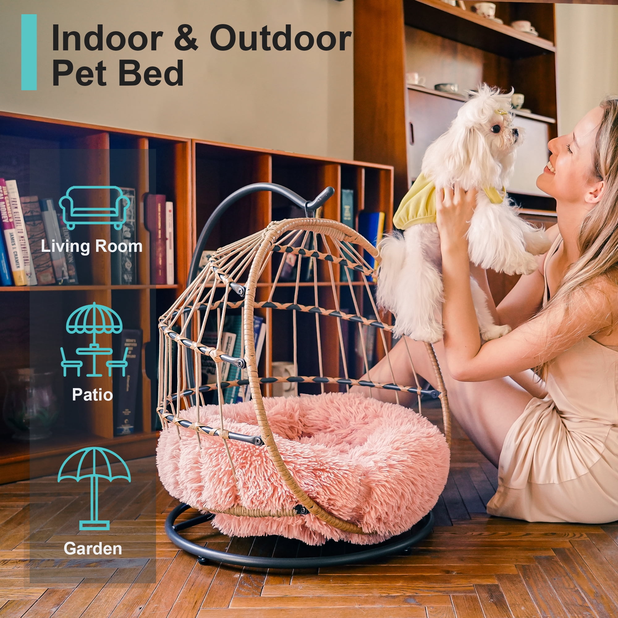 SWITTE Wicker Pet Bed Hammock Hanging Swing Pet Bed Dog & Cats Indoors & Outdoors,Pink