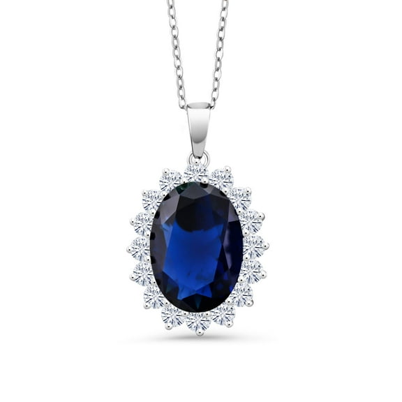 Gem Stone King 13.00 Ct Oval Blue Simulated Sapphire 925 Sterling Silver Pendant with 18" Chain