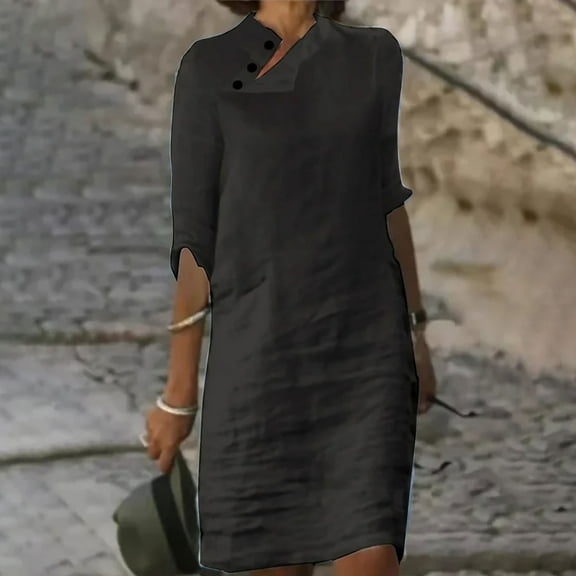 Yotami Summer Cotton Linen Dresses for Women Trendy Casual Breathable Solid Color Dress for Travel Button-Down Collar Short Sleeve Midi Dress Black XXL