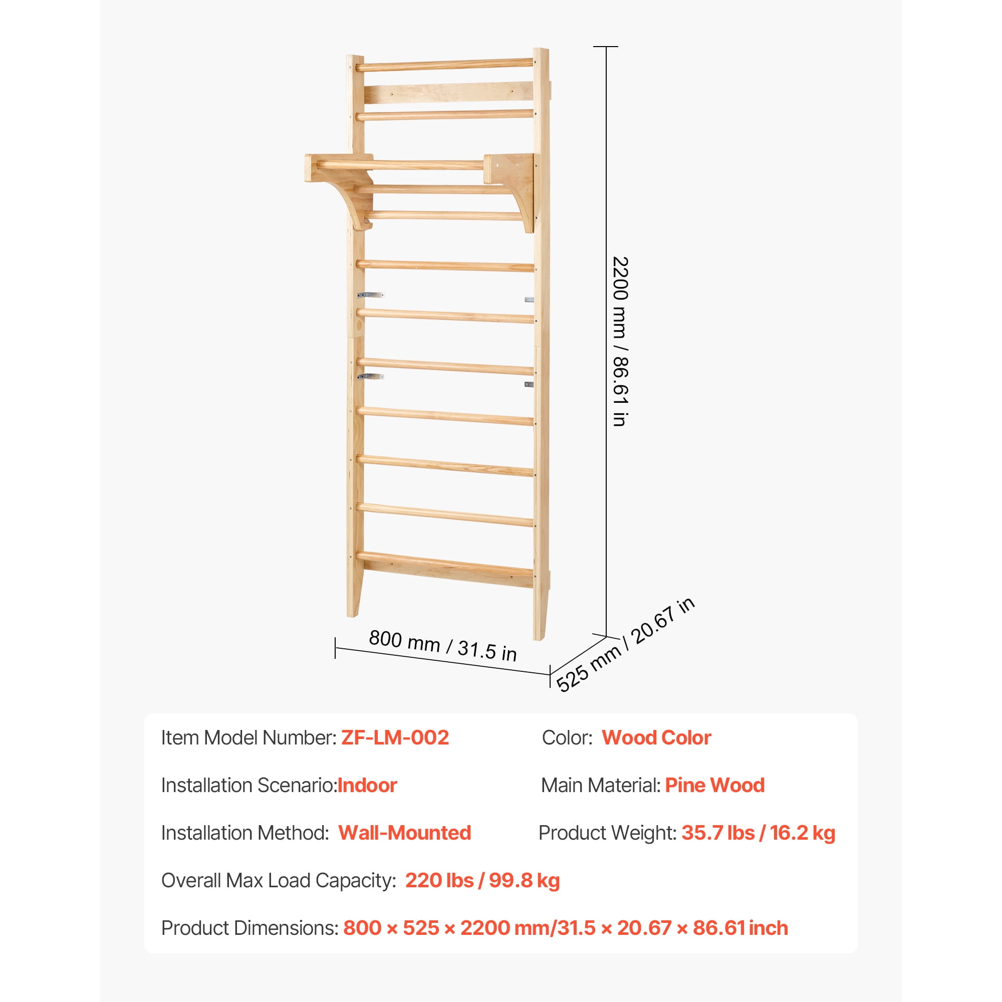 KFFKFF Swedish Ladder Wall Gym Gymnastic Stall Bars with Pull‑Up Bar for Ages Kids 3+ and Adults 1 x Swedish Ladder Wall Gym, 1 x User Manual