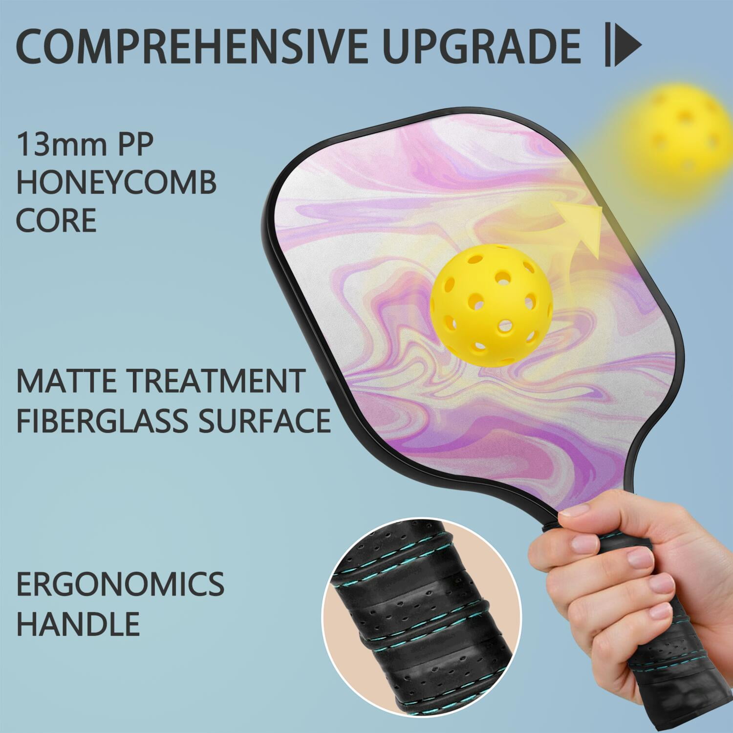 Pickleball Paddles Set Of 2, Fiberglass Surface, Liquid & Marble Print, 4 Balls & Bag
