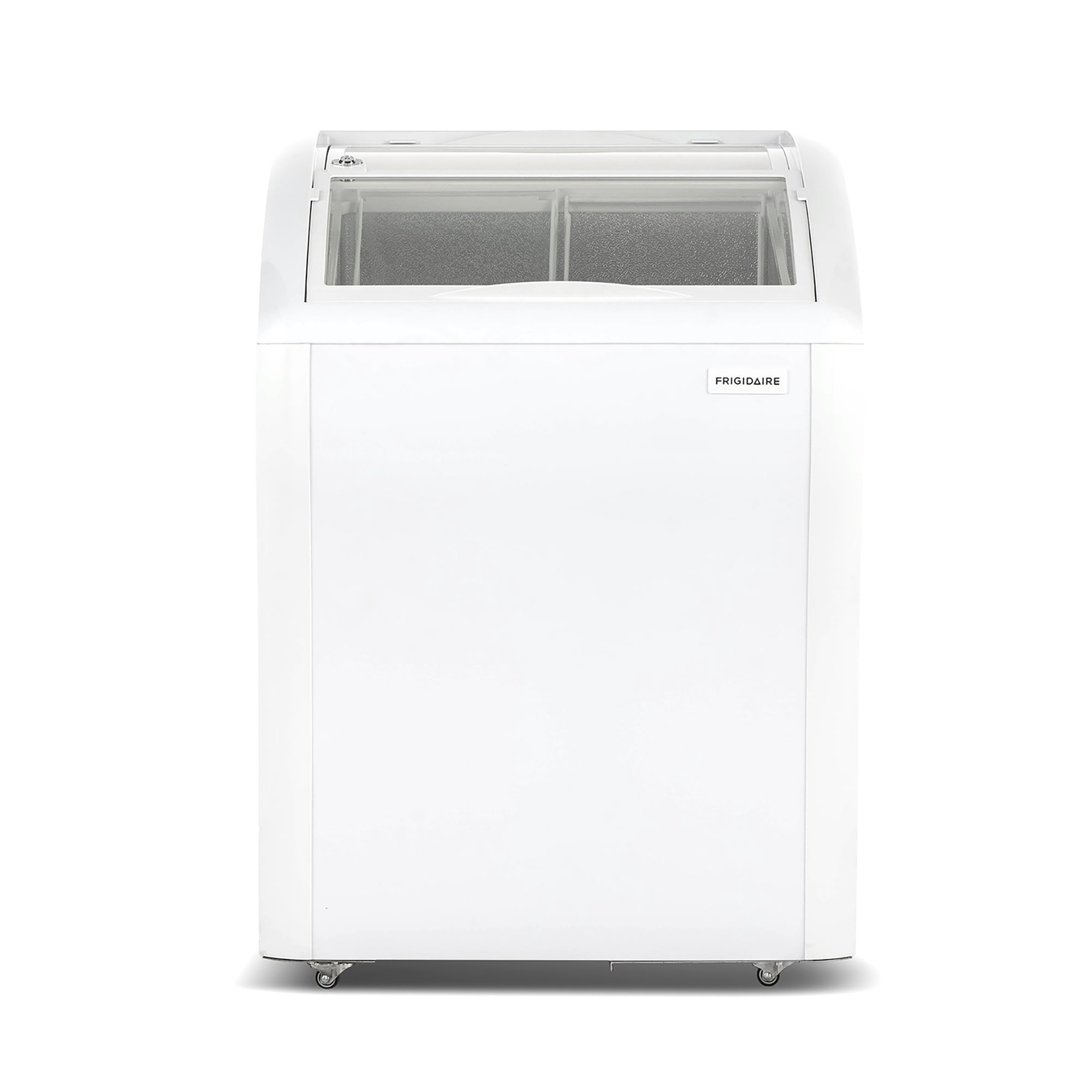Frigidaire 4 Cu. ft. Curved Glass Top Display Freezer, Convertible 110L Fridge Freezer with Lockable Glass Door and Castor Wheels, White
