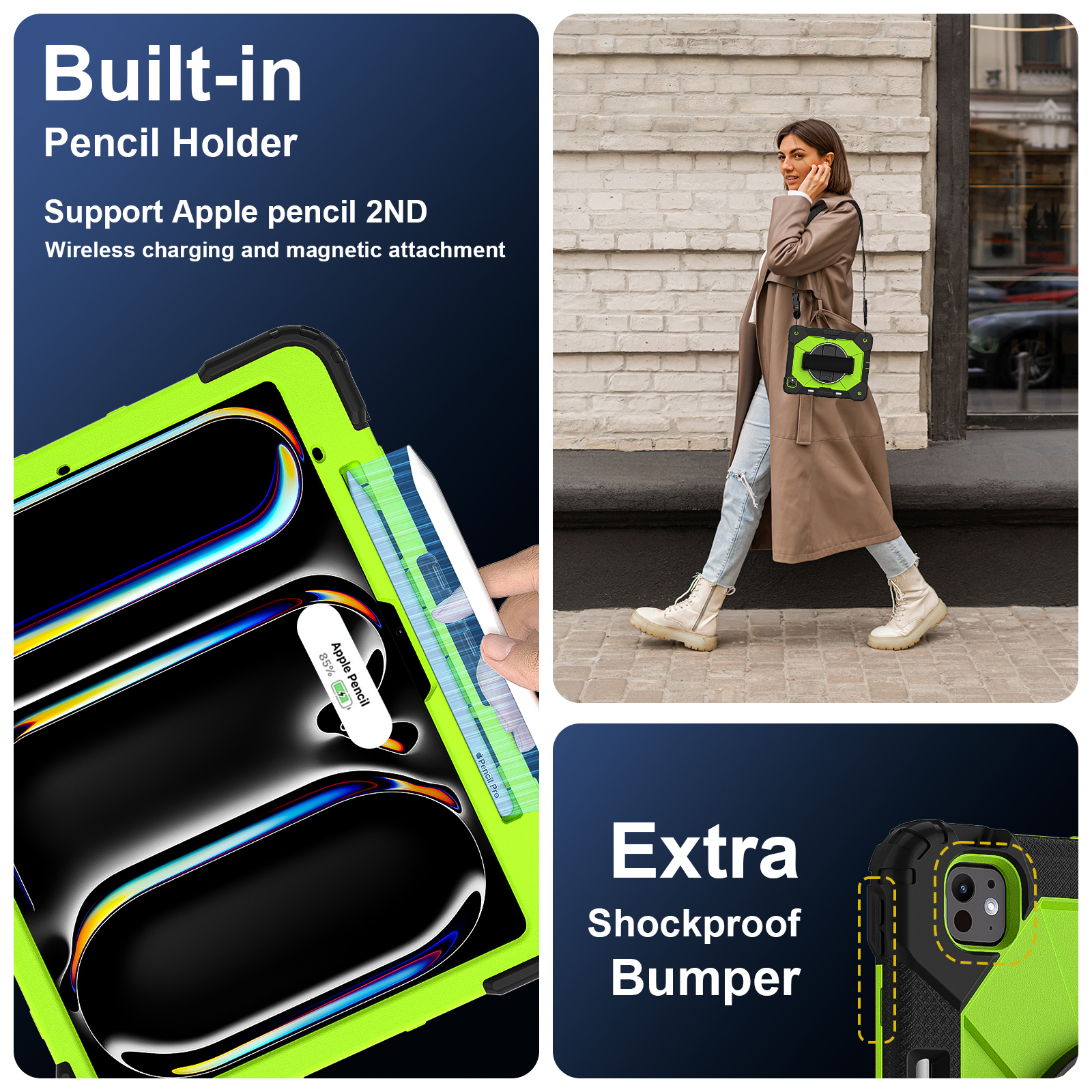 Dteck Case for iPad Pro 13 inch (M4) 2024 with Pencil Holder, Shockproof Silicone + PC 3 Layer Protection Case Heavy Duty 360° Rotating Hand Strap Kickstand Cover,Black+Green
