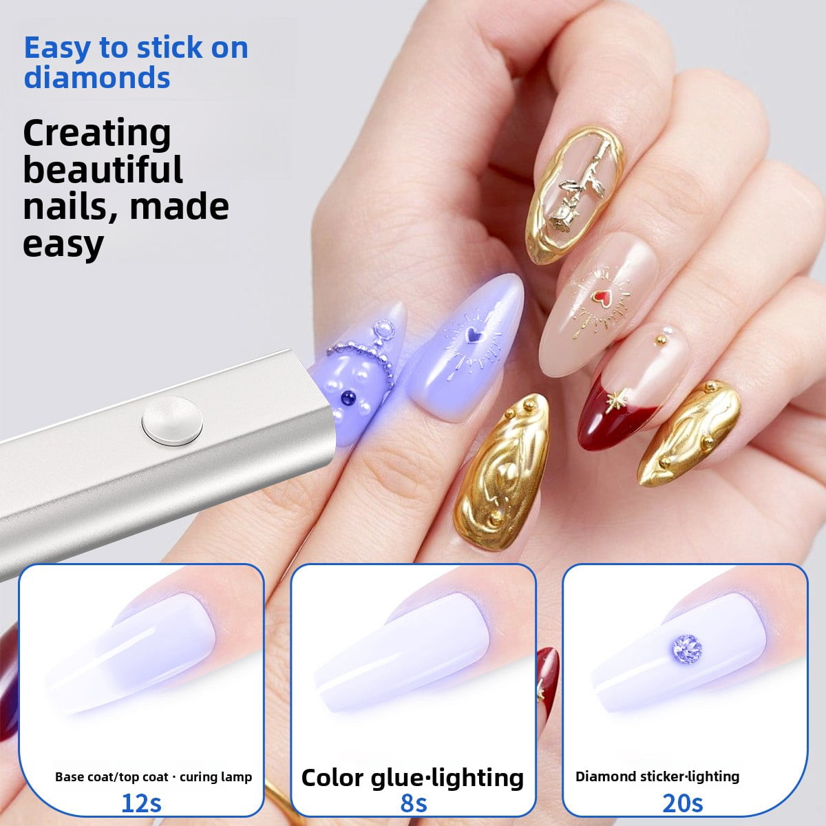 Handheld One-Line Nail Lamp with Metal Body - 3 Timer Settings (30/60/99s) Fast Curing UV LED Light, Rechargeable Portable Nail Dryer, No Black Hands, Professional Nail Art Tool for Home Salon