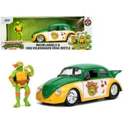 1959 Volkswagen Drag Beetle Green & Yellow and Michelangelo Figure "Teenage Mutant Ninja Turtles" 1/24 Diecast Model Car by Jada