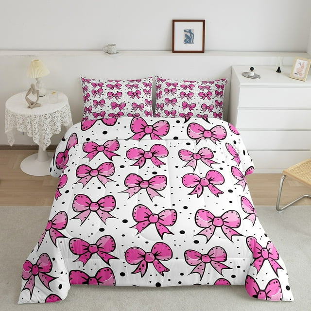 Erosebridal Princess Bowknot Bedding Full Comforter Set, Pink Ribbon Down Comforter, Cartoon Theme Decor, Ultra Soft 3pcs
