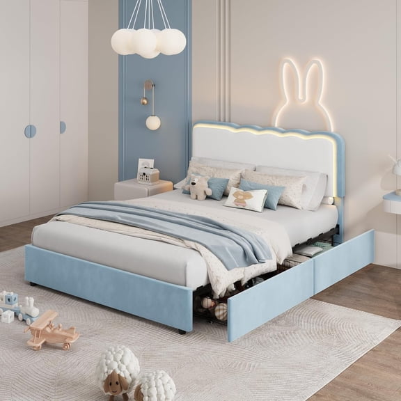 Senfot Queen Velvet Upholstered LED Bed Frame with Storage Drawers and Adjustable Headboard, Princess Platform Bed with Heavy Duty Metal Support, No Box Spring Needed