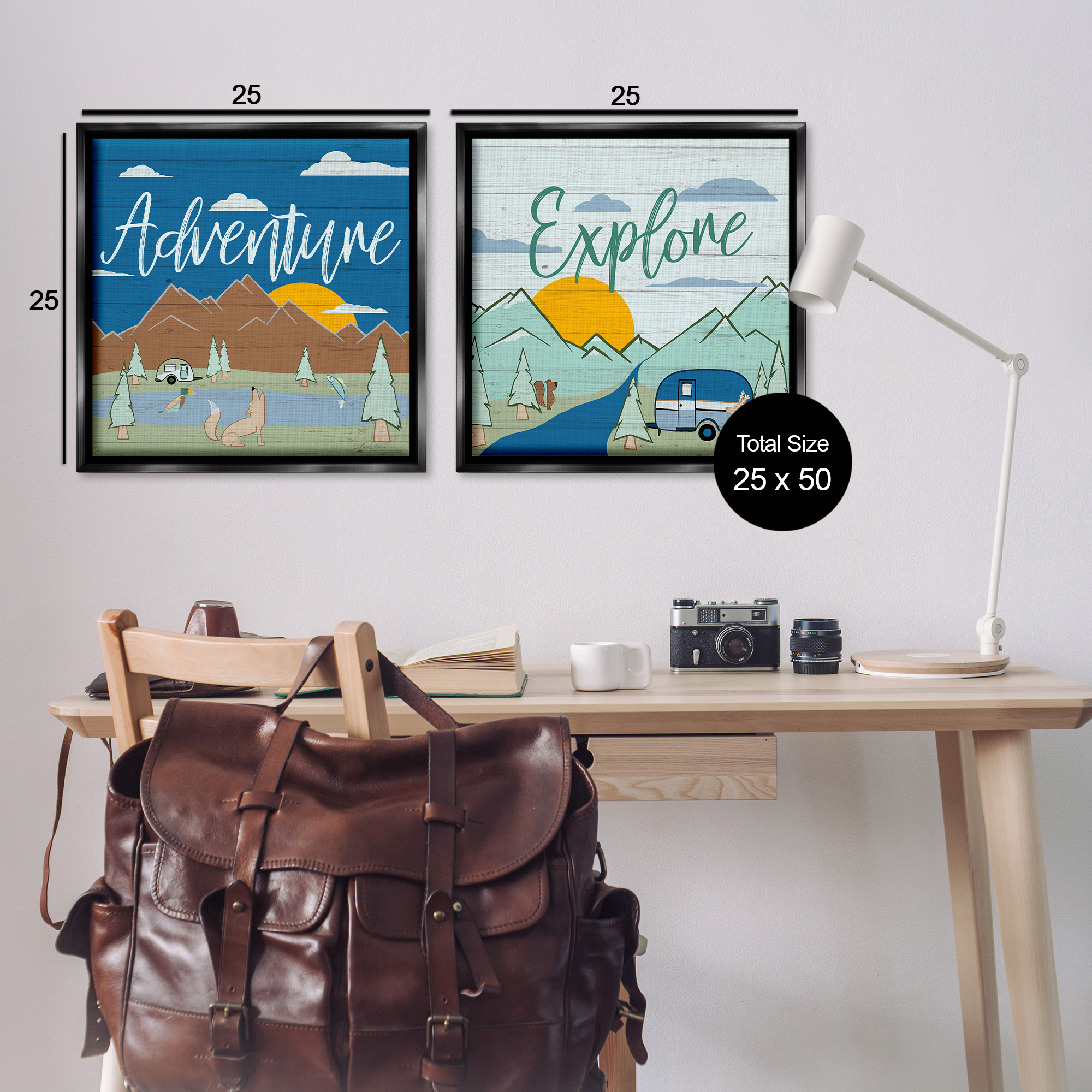 Stupell Industries Adventure Explore Camping Landscape & Nature Painting Black Floater Framed Canvas Art Print Wall Art, 25 x 25, Set of 2