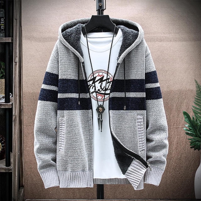 Qertyioot Cardigan à Capuche en Tricot à Manches Longues Décontracté Patchwork pour Hommes avec Fermeture Éclair, Veste Chandail