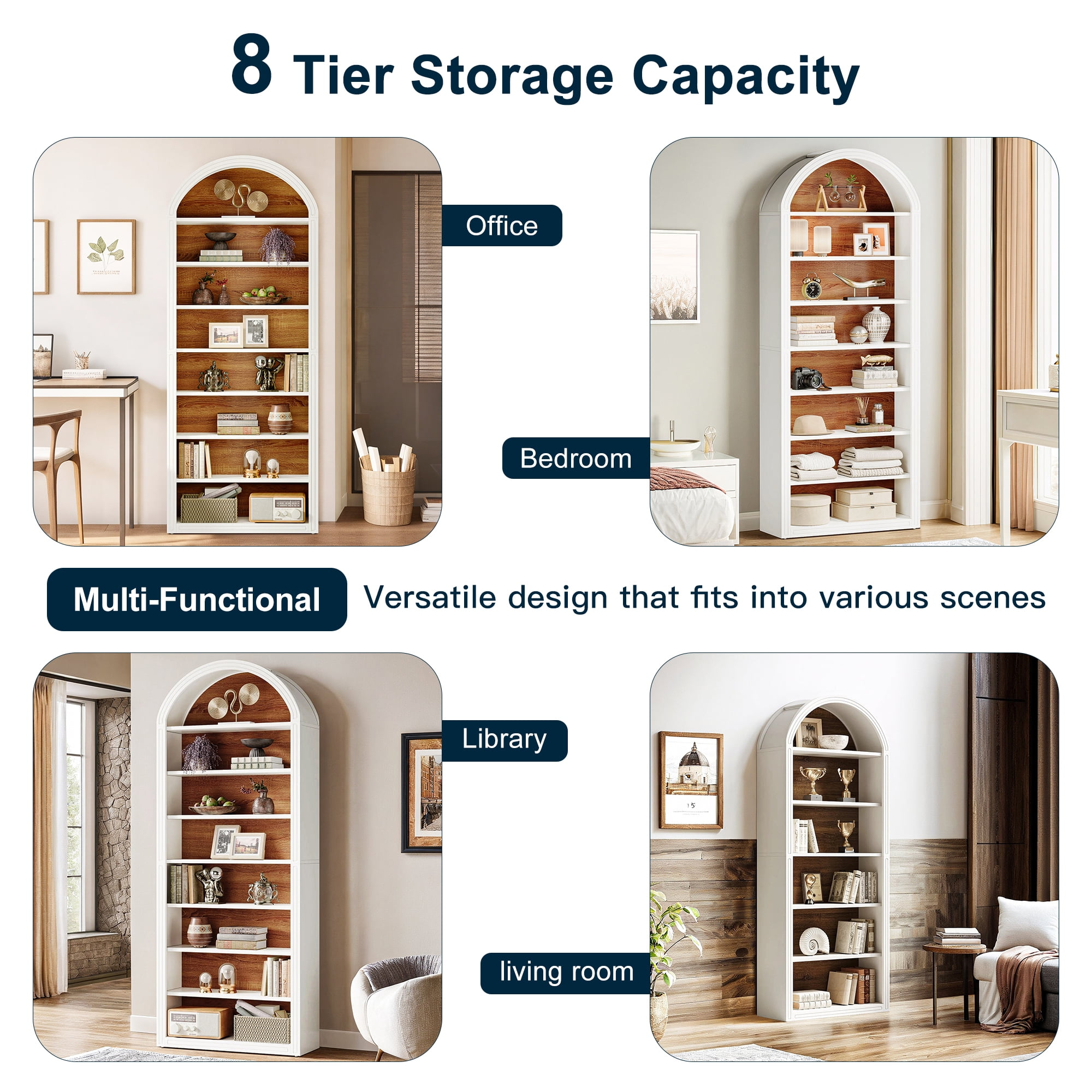 Demi Bonn 78.7" Bookshelf, 8-Tier Wooden Arched Bookcase Display Shelving Unit for Bedroom, Living Room, White