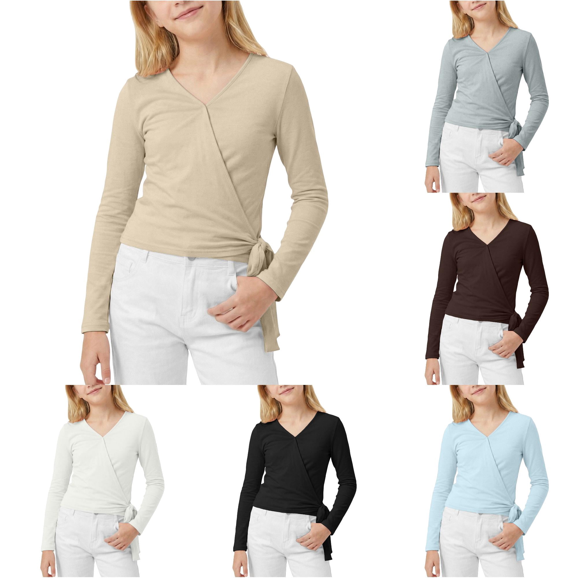 Girl s Tie Wrap Top Long Sleeve V Neck Crop Tops Shirt Slim Fit Dance Fairy Yoga Workout Blouse for Girls Light Long Sleeve Shirt 15-16 Years