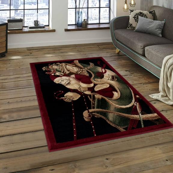 High Quality Woven Santa Claus on a Sled with Solid Border 3x5 Area Rug
