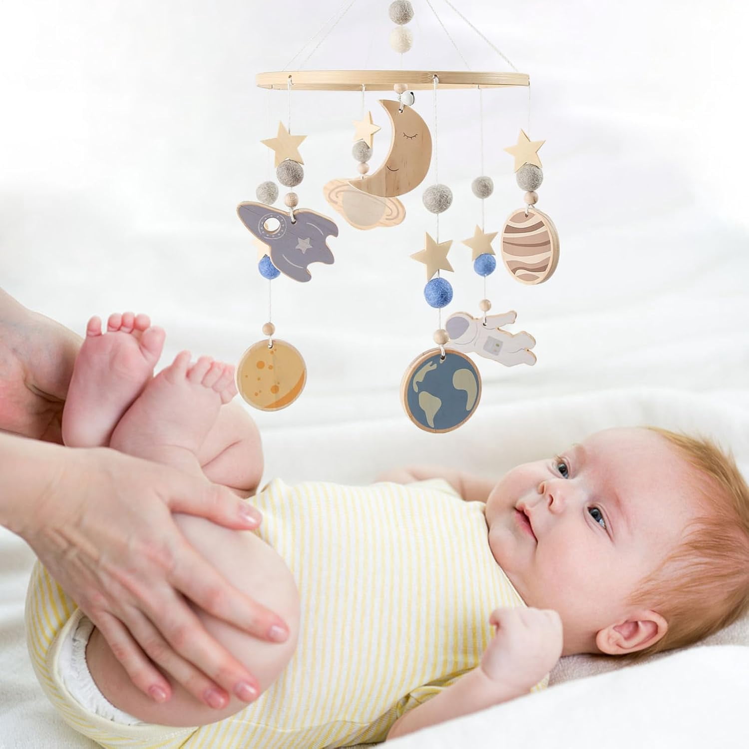 Bassinet Mobile 360° Rotating Space Theme | Wooden Crib Mobile for Baby Boys Girls | Soothing Nursery Decor with Planets Spaceship | Hanging Bedding Toy for Travel Sleep Play(DSF)