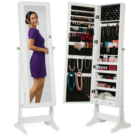 Best Choice Products Jewelry Armoire Cabinet Full Length Mirror w/ Velvet Storage Interior Lock - White