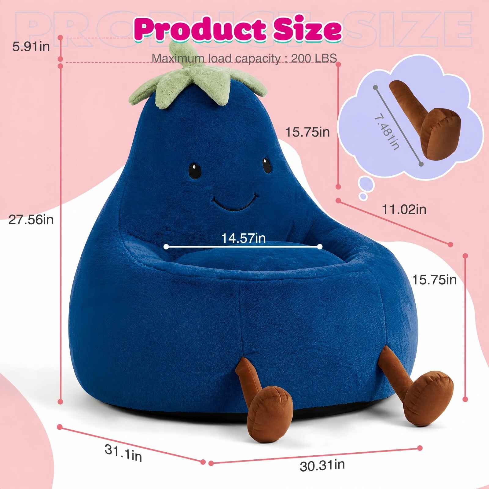 Kelno 31" Kids Bean Bag Chair Faux Rabbit Fur Lazy Chair Toddler Couch, Dark Blue