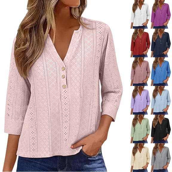 Endives Womens 3/4 Sleeve Shirt V Neck Eyelet Shirts Casual Vacation Blouses Womens Tops Summer Clothing S-5XL Light Green