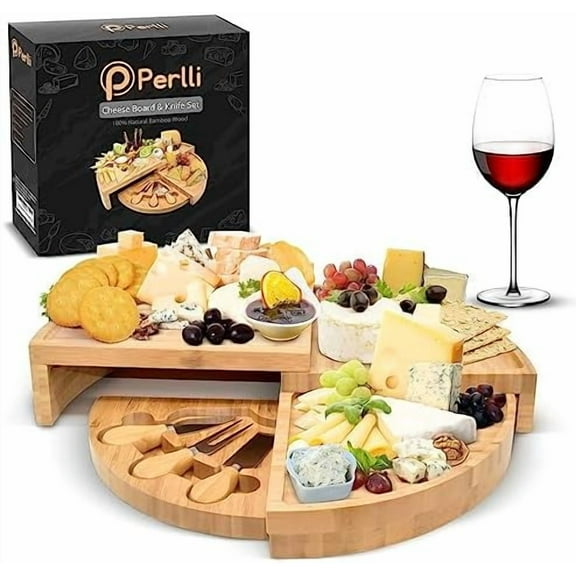 Bamboo Cheese Board & Knife Set, Large Folding 18 Inch Round Wood Rotating Charcuterie Board Set Cheese Meat Wine Serving Tray Platter, Home Decor